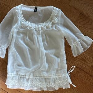 Women's White Sheer Ruffle-Trim Blouse with Embroidered Hem